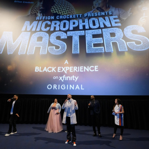 (L-R) Comedian Ron G., comedian Kanisha Buss, comedian and producer Affion Crockett, producer Delmar Washington (Ximen Media), and SVP and chief diversity officer of Comcast Cable Loren Hudson on stage at the Black Experience on Xfinity red carpet world premiere event of Affion Crockett Presents: Microphone Masters in Los Angeles on March 20, 2024.Photo/Earl Gibson III for Black Experience on Xfinity)